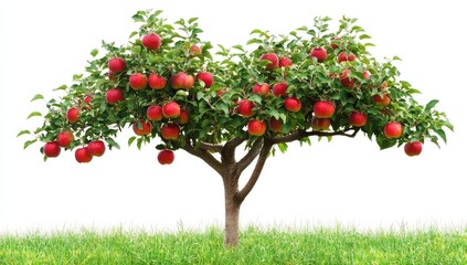 Fototapeta premium A laden apple tree with ripe red fruit, set against a white background and small patch of grass