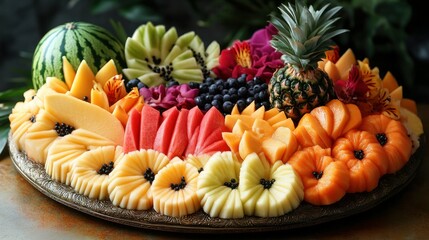 Colorful Assorted Fresh Fruit Platter Displaying Watermelon Pine Kiwi Mango Papaya Dragon Fruit and Berries for Healthy Snack or Dessert Presentation