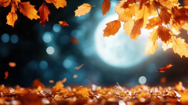 Rich autumn leaves gracefully frame a glowing full moon, crafting a picturesque autumn scene that evokes feelings of warmth and cozy societal connections during fall nights.
