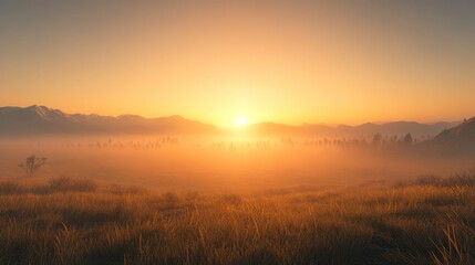 Obraz premium Majestic sunrise over lush green fields with mist in the morning, distant mountains and clear sky creating a peaceful and scenic landscape view
