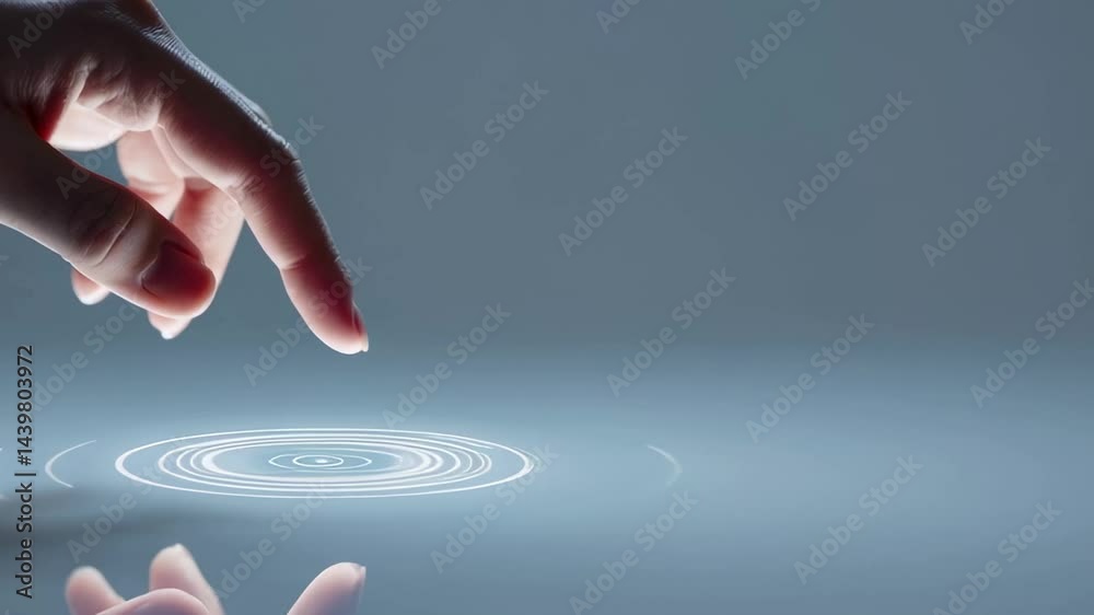 Poster Index finger touching a reflective surface creating digital ripples and glowing spheres, symbolizing interaction with innovative technology