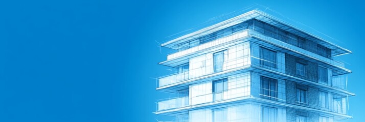 Modern Apartment Building Architectural Design Blueprints and Schematics, Vibrant Render.