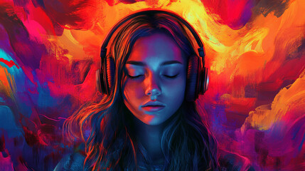 Surreal Colorful Girl with Headphones Experiencing Auditory Hallucinations