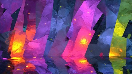 Fototapeta premium Abstract colorful paper art with vibrant light reflections on water surface and crumpled texture