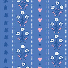 Seamless pattern with freehand ink doodle abstract flowers. Trendy floral vertical stripe background. Hand drawn vector illustration. Boho, cottage core, retro wallpaper.