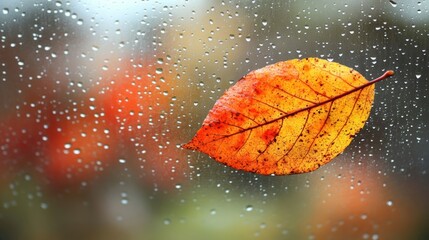 Autumn leaf on wet glass, raindrops