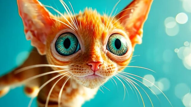 Funny fictional pet. Cute red-haired cat with big blue eyes, flying through the sky. Generative 4k video