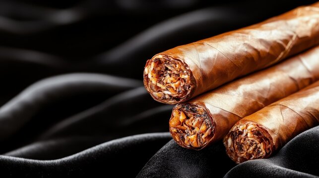 Three premium cigars layered elegantly in rich brown wrappers, suggesting a sense of luxury and sophistication in the world of fine smoking experiences.