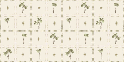 Seamless pattern with freehand ink doodle abstract palm trees and stars in grid.Trendy tropical block print checkered background. Hand drawn vector illustration. Boho, coastal beach, jungle wallpaper.