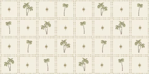 Poster Seamless pattern with freehand ink doodle abstract palm trees and stars in grid.Trendy tropical block print checkered background. Hand drawn vector illustration. Boho, coastal beach, jungle wallpaper.