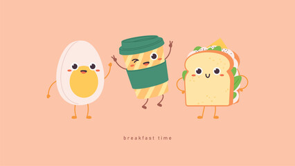 Breakfast food. Fresh sandwich with cheese and sauce, egg and coffee takeaway mug. Funny happy characters, positive morning vector background