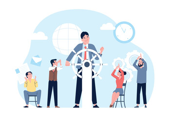 Business project leader and applauding team. Man at helm and managers, boss, financial development and success, vector startup concept