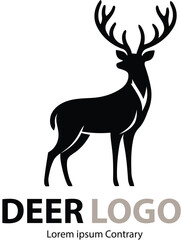 Black silhouette of a deer with large antlers depicted in a side profile. The design is sleek and minimalistic