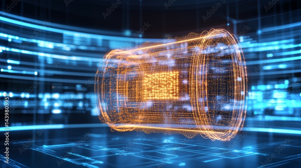 Poster visualizing subatomic particles through a dynamic volumetric hologram in a futuristic lab setting