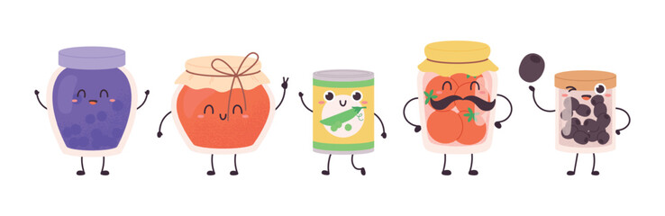 Jam jars and preserves characters. Funny jar with marmalade, olives and tomatoes. Cute positive food character, childish mascots, vector clipart
