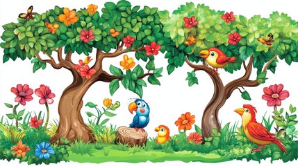 Colorful Illustration of Birds and Trees in Vibrant Nature Scene