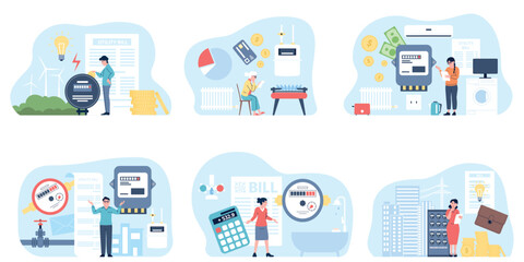 Utilities paying. Household payments for gas electricity water and house service. People surprised and sad with bills for resource, recent vector scenes