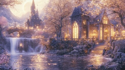 Fototapeta premium Enchanting Castle Surrounded by Lush Trees and Sparkling Waterfall