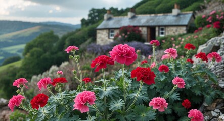 Naklejka premium Geranium with windy hilltop cottage background