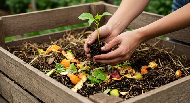 Close-up of hands holding a seedling over a compost bin of organic kitchen waste, representing composting and the cycle of organic recycling