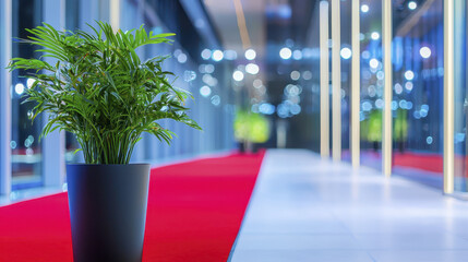 modern hallway featuring potted plant, red carpet, and soft bokeh lights creates inviting atmosphere