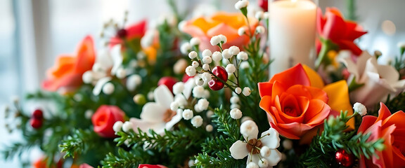 Fototapeta premium close up of a bouquet of flowers with a candle