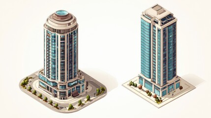 Vector Isometric City Building Set. Vector Isometric City Building Icon Isolated on White Background.