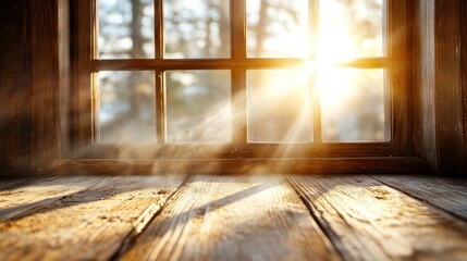 Sunbeams filter through a rustic window, illuminating the cozy interior with a magical glow, creating a soothing atmosphere filled with warmth and an inviting feeling.