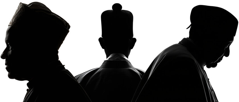 anonymous black silhouettes of 3 popes; concept of conclave and choosing next pope; element isolated over white background