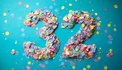 Number 32 made out of confetti. Photo for thirty-second birthday or anniversary party