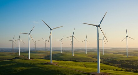 Rows of white wind turbines stretch across rolling green hills under a clear blue sky, illustrating the scale of wind energy and harmony with nature