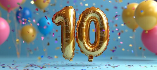 Golden Number 10 Balloon for 10th Birthday Celebration with Festive Balloons and Confetti