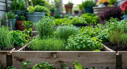 Raised garden bed with fresh sprouting herbs background