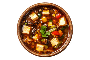 Overhead view of hot and sour tofu soup with vegetables in wooden bowl, isolated on white transparent background, concept of Asian cuisine and healthy food