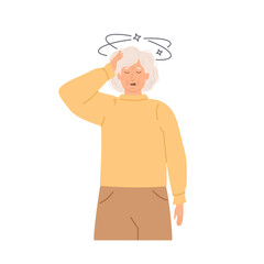 Elderly woman experiencing severe dizziness, holding her head with a distressed expression. Symptoms of vertigo, balance disorder, neurological issue. Flat Style Vector Illustration isolated on white.