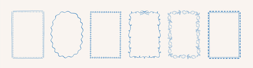 Doodle hand drawn frames with lemons, wave and bows. Minimalist line art. Vintage blue ornament borders for wedding, greeting cards, menu, picnic invitations. Mediterranean sea coastal vibe.
