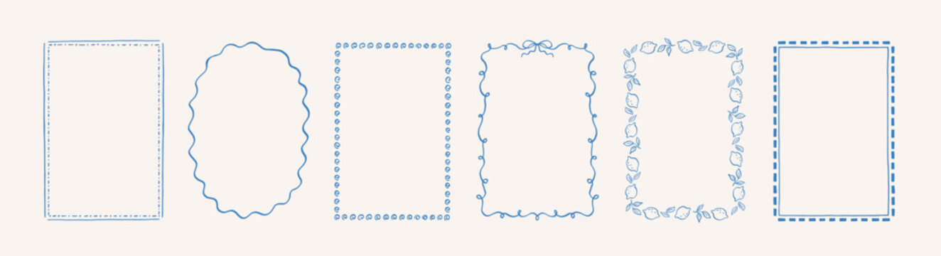 Doodle hand drawn frames with lemons, wave and bows. Minimalist line art. Vintage blue ornament borders for wedding, greeting cards, menu, picnic invitations. Mediterranean sea coastal vibe.