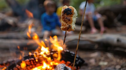 Children roasting bread around campfire