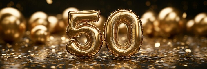 Golden Number 50 Balloons With Festive Confetti Background For Birthday Or Anniversary