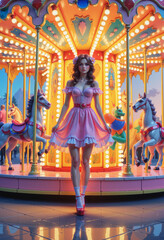 Fototapeta premium Young woman in pink dress walking joyfully by carousel at night 