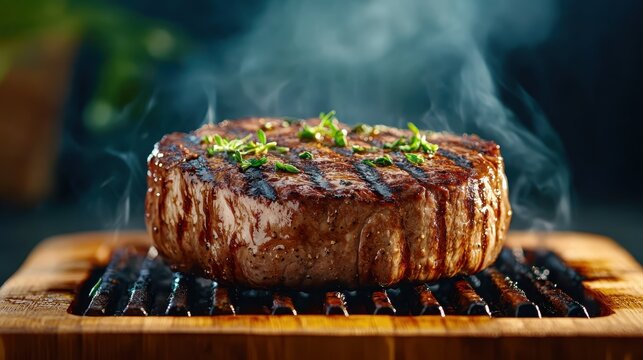 A close-up shot of a smoky grilled steak on a cutting board, with steam rising and vibrant green herbs sprinkled on top, presenting an inviting and appetizing dish.
