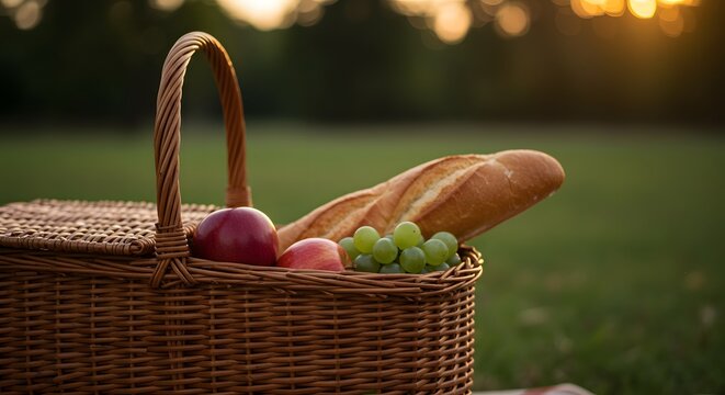 Wicker picnic basket brimming with fresh food at golden hour: celebrating national picnic month - Powered by Adobe