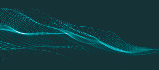 Abstract background with dynamic colorful wave. Futuristic dotted wave of bright particles. Colorful background for presentation design. Wide format vector illustration. Plexus effect