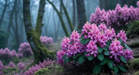 Azalea with dew covered forest edge background