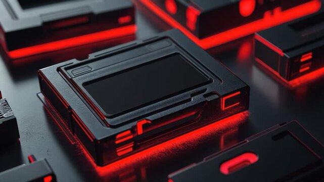 Futuristic tech modules glowing red
