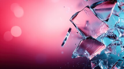 An artistic shot of glass fragments captured mid-explosion, featuring stunning pink and blue gradient hues that highlight their delicate yet powerful nature.
