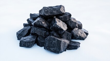 Obraz premium A visually striking stack of black stones on a white backdrop, highlighting contrast and minimalism, making it an ideal image for themes of balance, nature, and calmness.