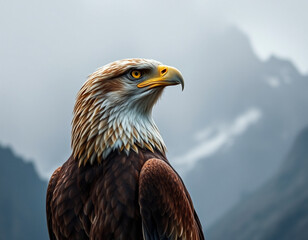Obraz premium A majestic bald eagle perched proudly with a mountainous backdrop. 