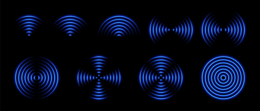 Radar waves or wifi light effect. Sound signal and sensor antenna with neon glow. Scanning and detecting on the field. Vector set of abstract elements.