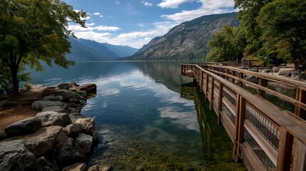 Fototapeta premium Peaceful lake shore with wooden boardwalk, mountains reflected in still water. Ideal for travel or nature photography